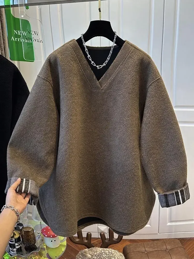 SuperAen V-neck Wool Liner Thick Solid Color Women's Top Popular New 2025 Winter Patchwork Long-sleeved Sweatshirts