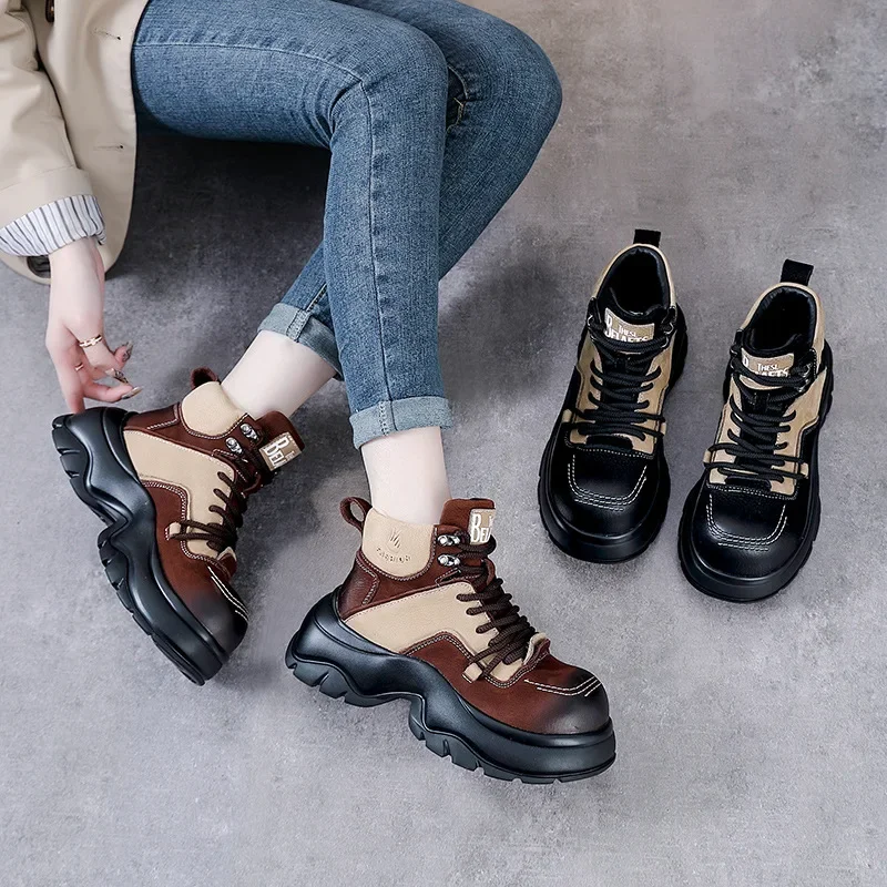 Krasovki 6cm Genuine Leather Wedge Fashion Boots Wide Toe Ankle Booties Ethnic Platform Women Autumn Spring ZIP Motorcycle Shoes image 4