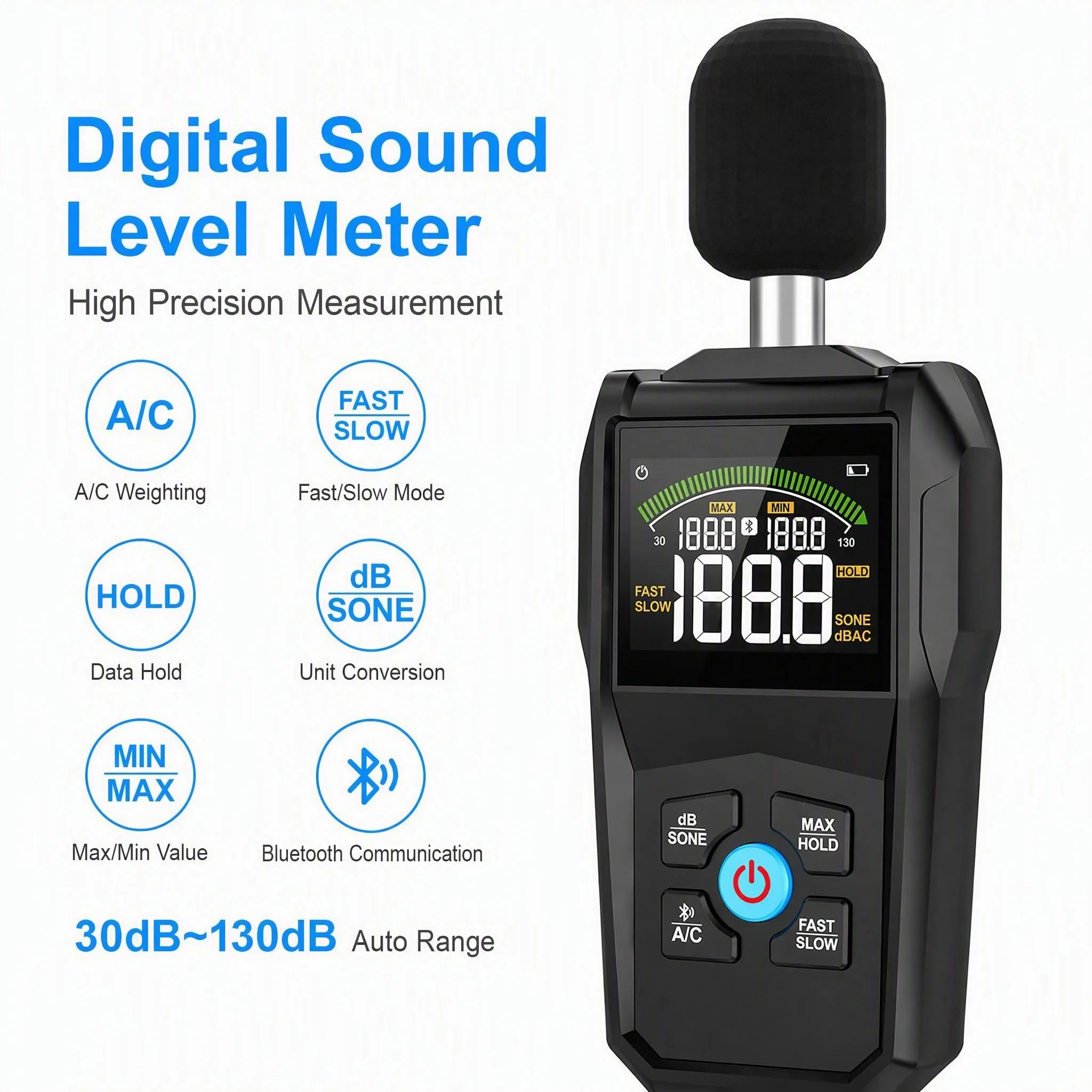 Bluetooth Digital Noise Meter 30-130dB ±1.5dB Accuracy A&C Weighting Fast/Slow Response Monitor with Data Hold LCD Display