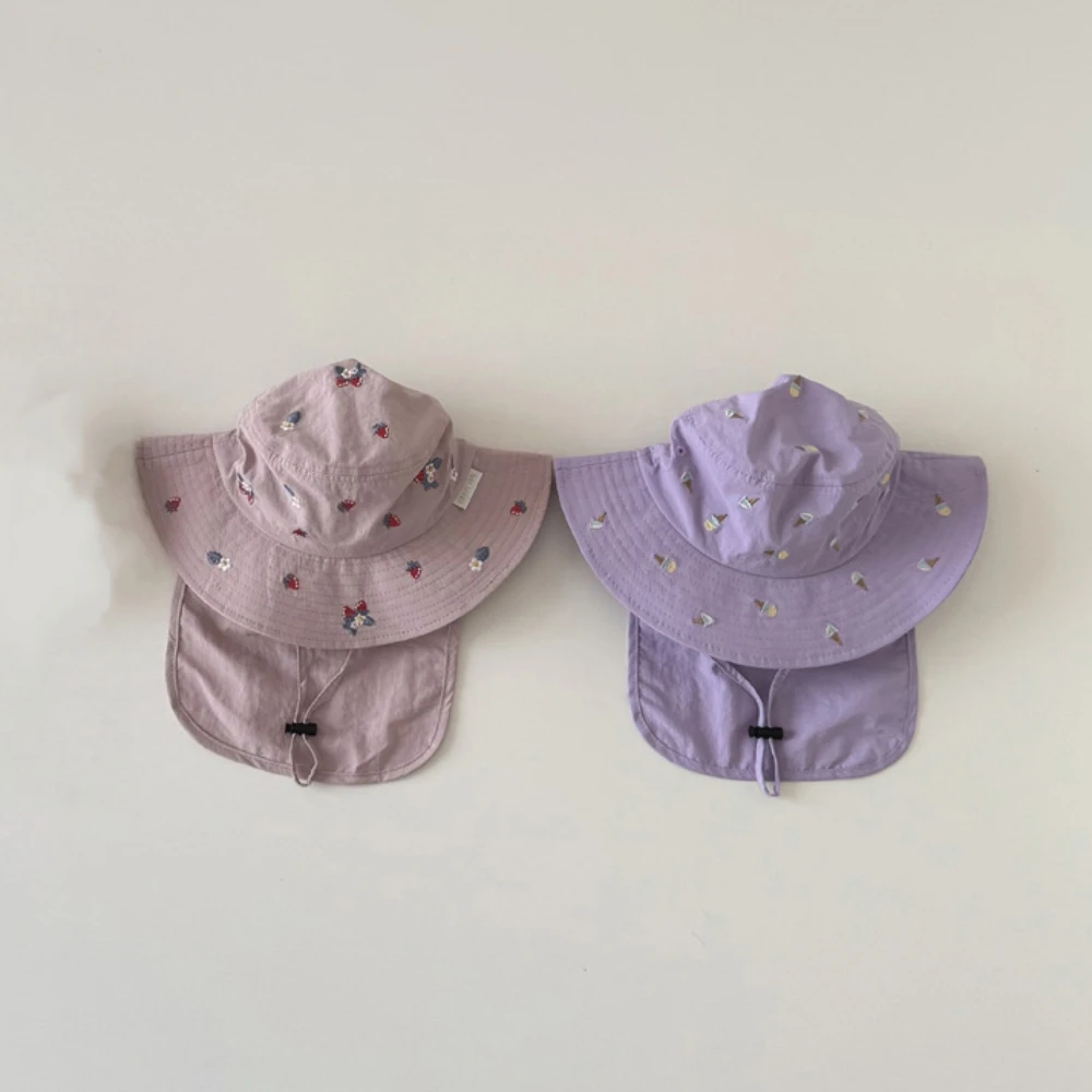 

Новая летняя детская шапка для детей от 6 месяцев до 6 лет с забавной вышивкой фруктов/десертов, быстросохнущая, с защитой для шеи, панама с широкими полями