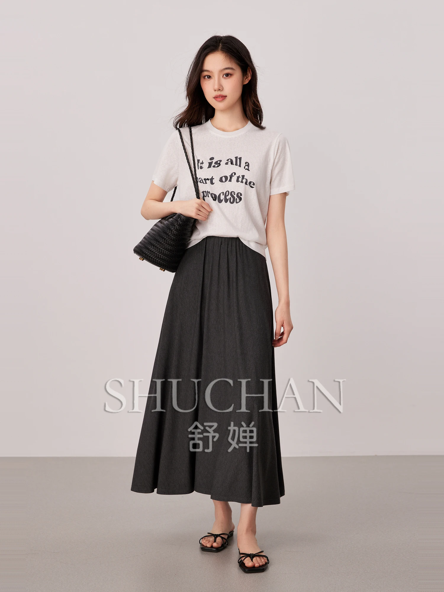 

[Free dancing] 25 summer minimalist all-in-one flanged elastic waist drape elegant large A pendulum knitted skirt