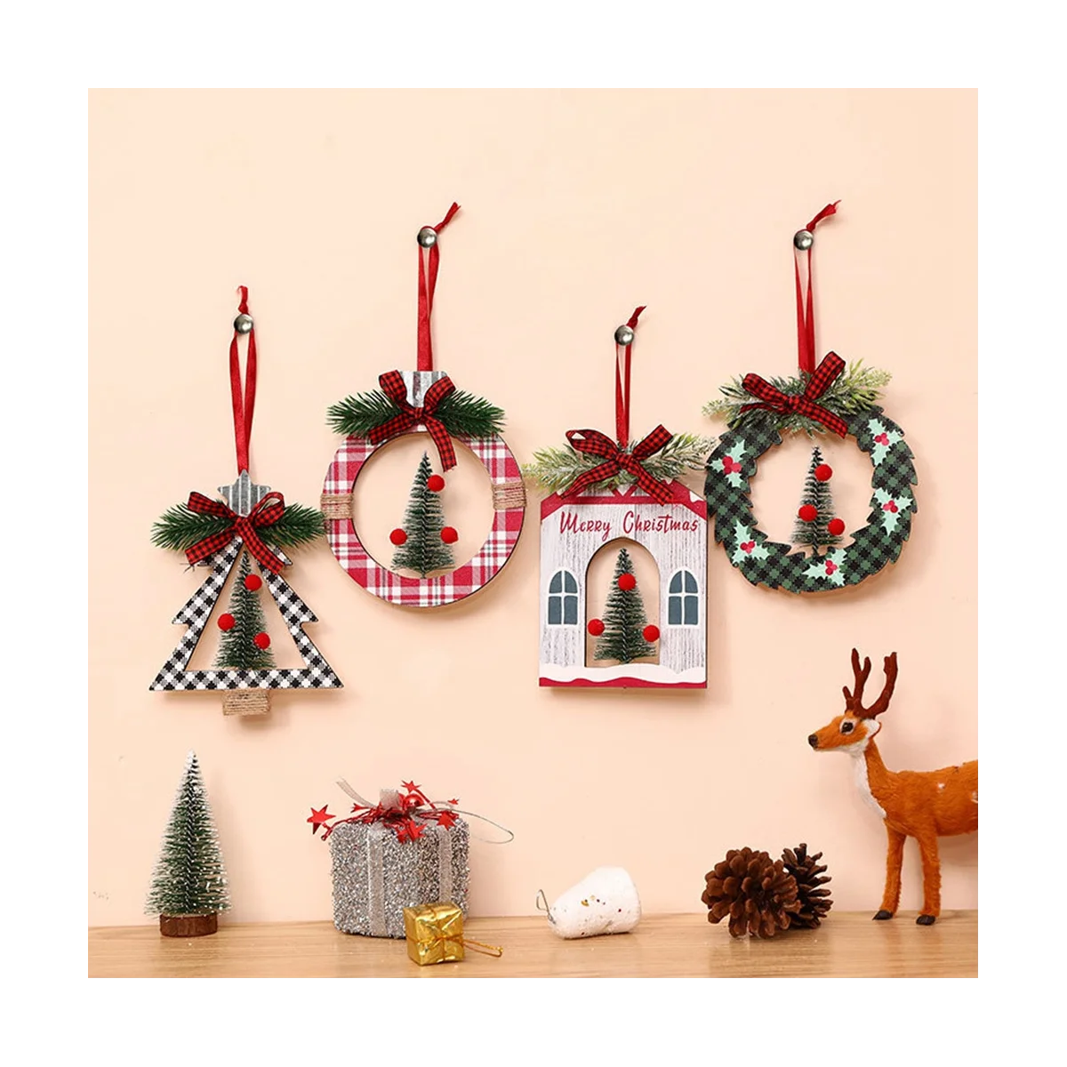 Paquete de 4 adornos navideños, decoraciones colgantes de madera para fiestas navideñas, suministros para fiestas