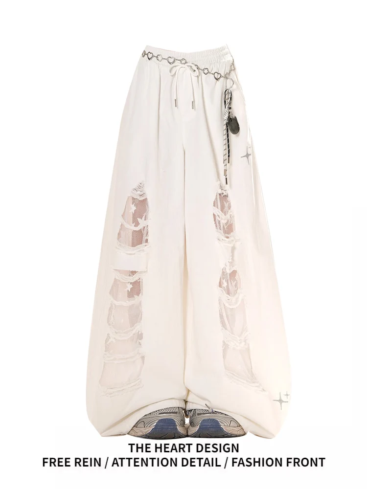 

Retro American Summer Design Long Pants Lace Splicing Wide Leg Hole Design Jeans Women's Loose Casual Denim Pure Color