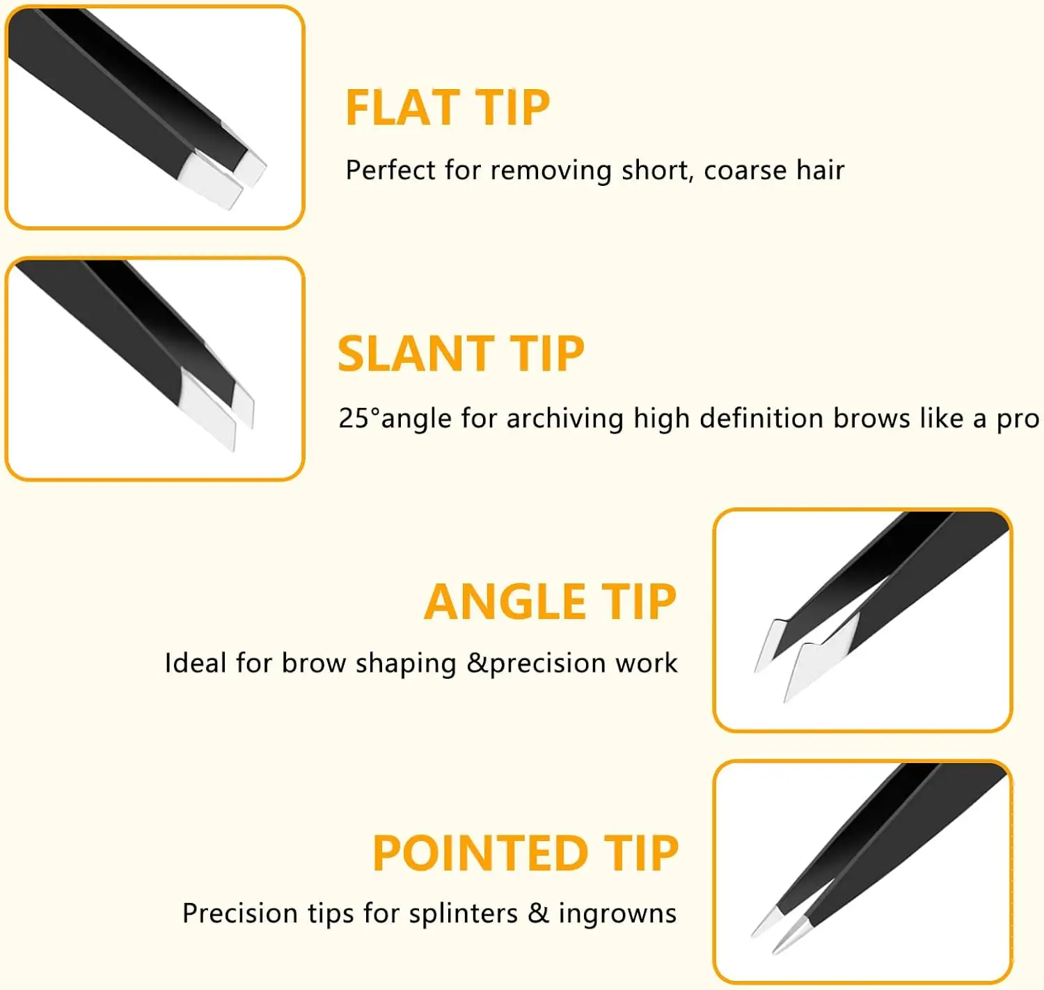 4ピースステンレススチール精密ピンセットセット – 顔や埋没毛に多用途に使用可能