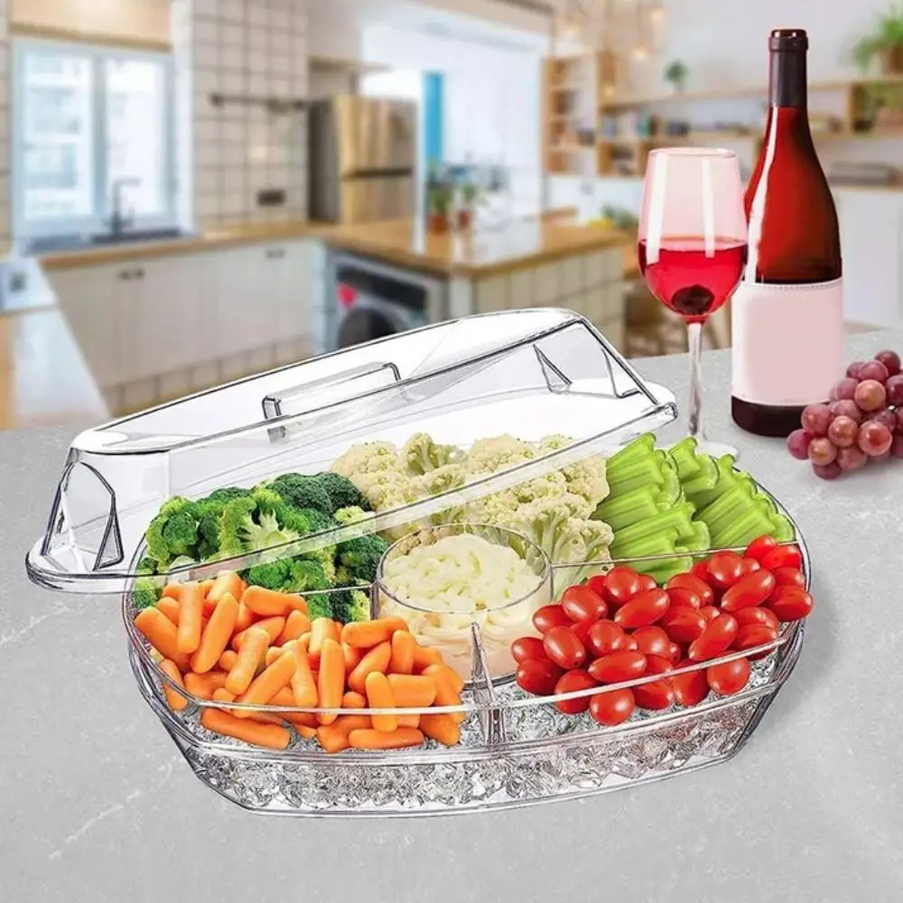 

Plastic Chilled Fruit Tray 5 Compartments Large Capacity Chilled Serving Platter with Lid Transparent Appetizer Tray Picnic