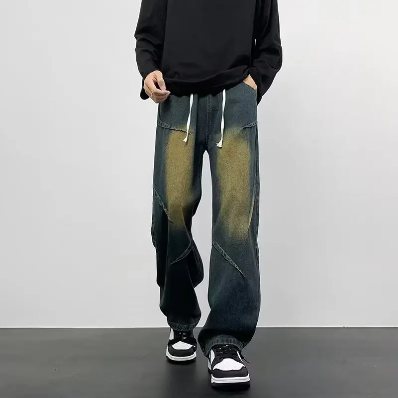 Vintage Blue Jean Pants Men Hip Hop Denim Trousers Male Streetwear Fashion Elastic Waist Autumn Retro Casual Straight Jeans