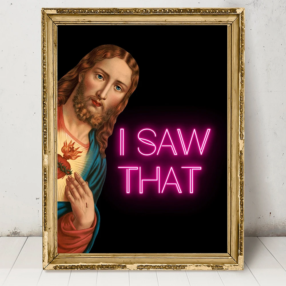 Funny Bathroom Altered Art Poster Oil Painting Jesus I Saw That Neon Quote Prints Canvas Painting Vintage Portrait Toilet Decor