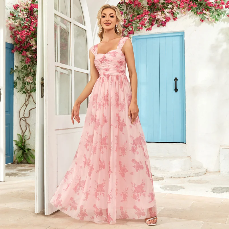 

2025New Quality Color Pleated DoubleUCollar Sling Party Evening Dress Back Zipper Full LargeALong Dress