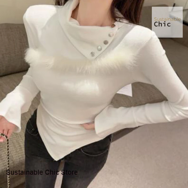 

Korean pure desire wind irregular long-sleeved T-shirt women's new lapel splicing slim bottoming shirt in spring and autumn