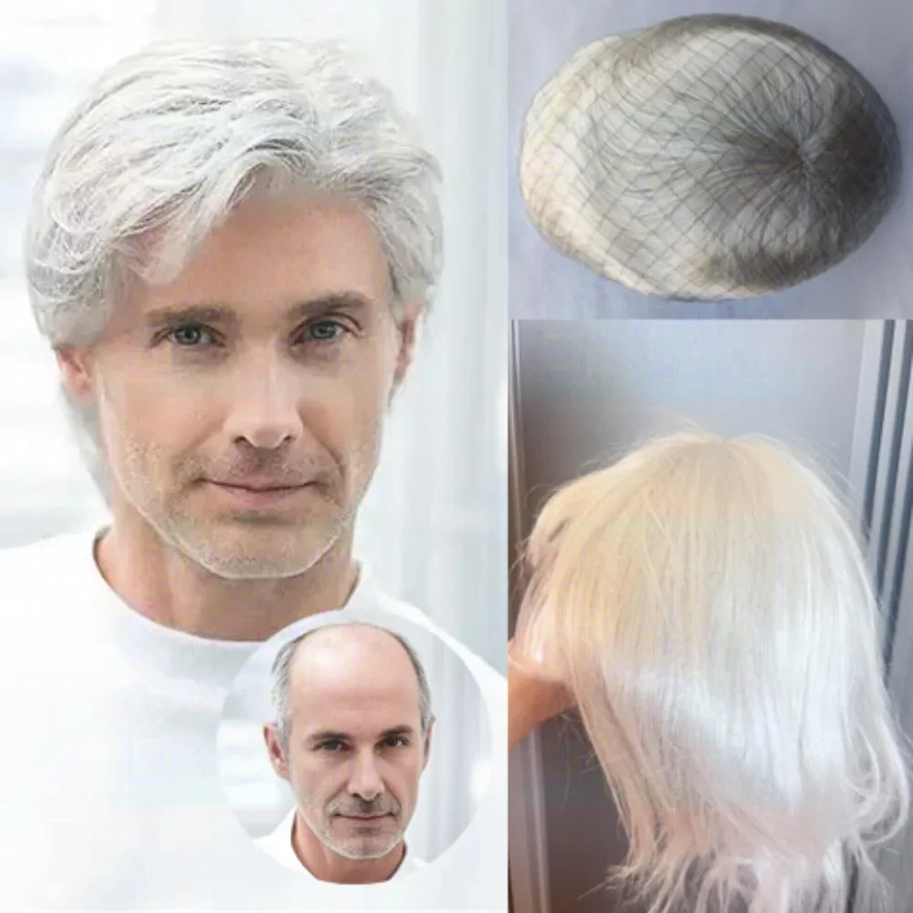 White 8'x10'Wigs Lace Men Toupee with Mono Skin PU Men Hair System Remy Virgin Hair  Real Human Hair Male Prosthesis