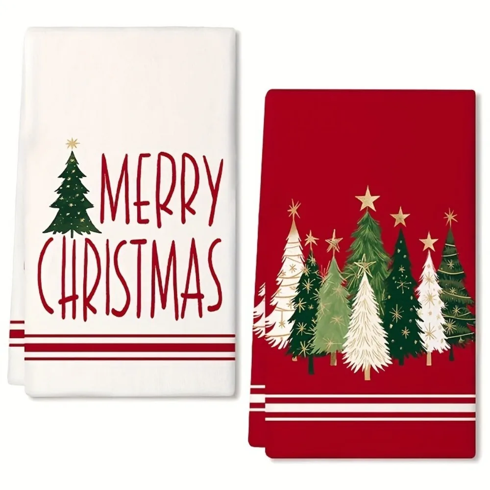 2PCS Star Christmas Tree Pattern Merry Christmas Kitchen Towel Water-absorbent Washable Dish Washing Cloth Rectangular