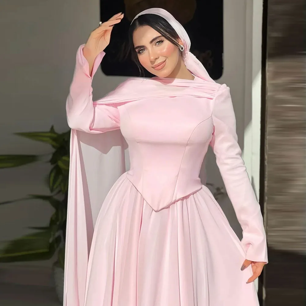 

Eightale Arabic Evening Dress O-Neck Long Sleeves A-Line Pink Wedding Prom Gown Party Dress Halter robe de soiree