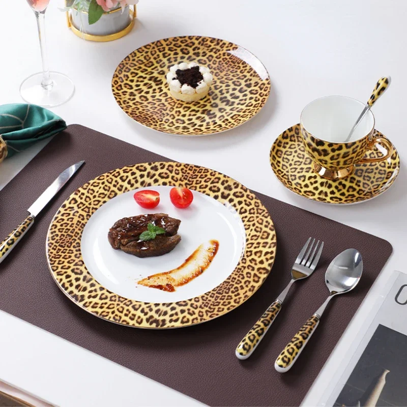 Leopard Pattern Bone China Coffee Tea Cup Hotel Clubhouse Restaurant Tableware Ceramic Knife Fork Spoon Western Food Plate Bowl