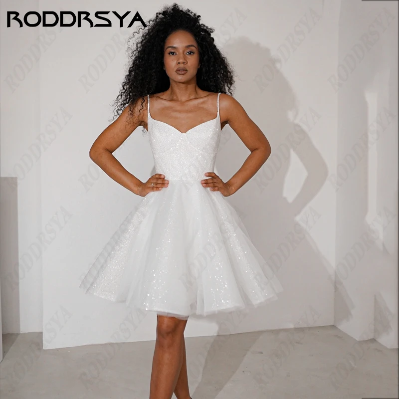 RODDRSYA Simple Short Wedding Dress For Women Sexy V-Neck Spaghetti Strap Robe De Mariée Illusion Lace Up Backless Bride Party