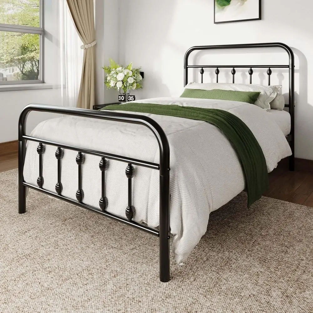 Victorian Twin Metal Bed Frame with 14 Headboard, Footboard, Mattress Support, Easy Assembly, Storage Space, Black