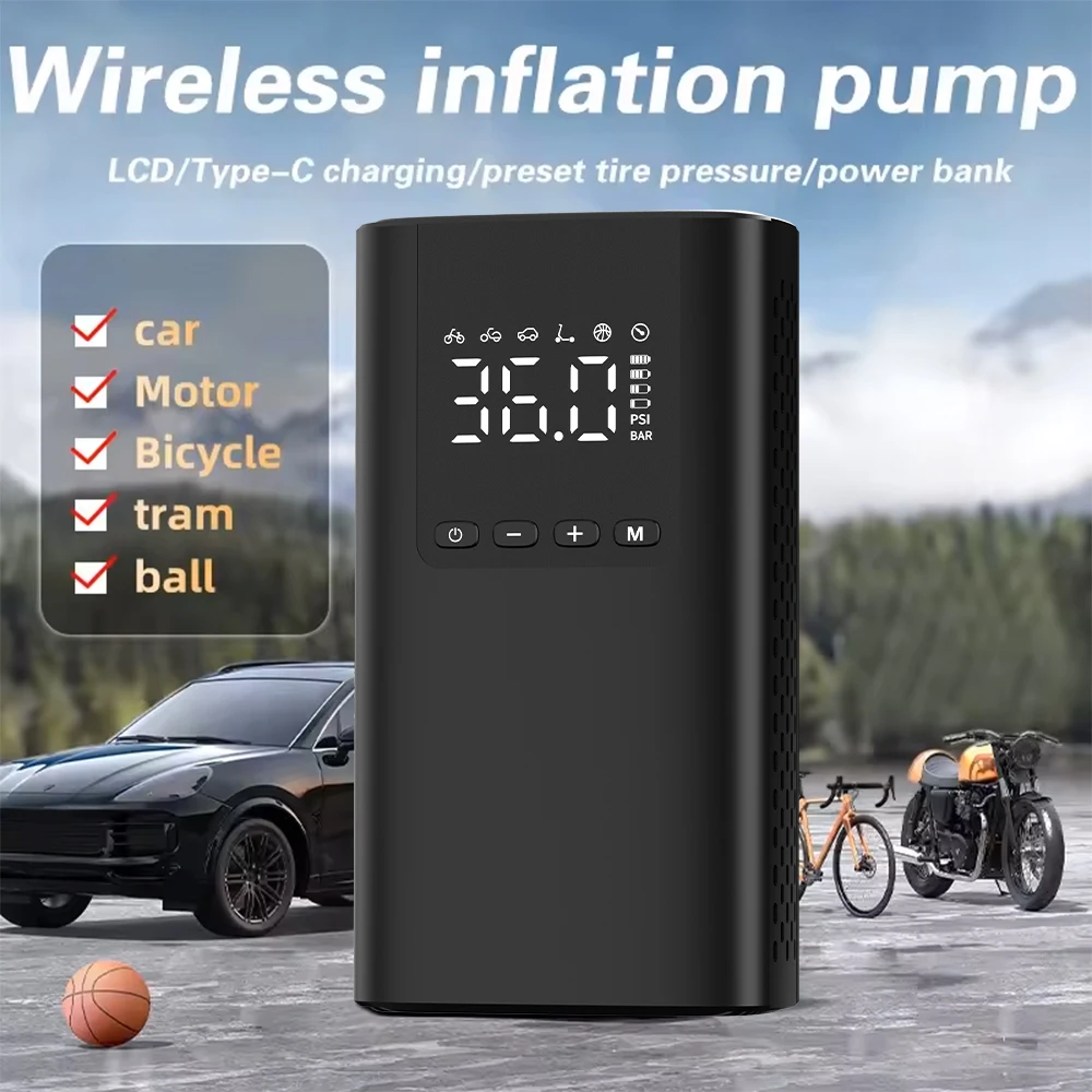 

Беспроводной электрический насос для накачивания шин 150PSI с ЖК-дисплеем, компрессор с предустановленным давлением, портативное зарядное устройство для автомобиля и мячей