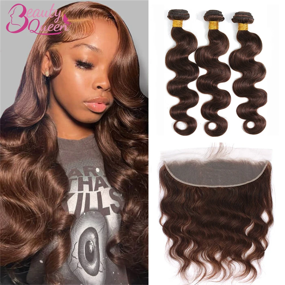 #4 Colored Human Hair Bundles With Frontal 100% Human Hair Body Wave Bundles With 13x4 Lace Frontal Bundles With Closure Tissage