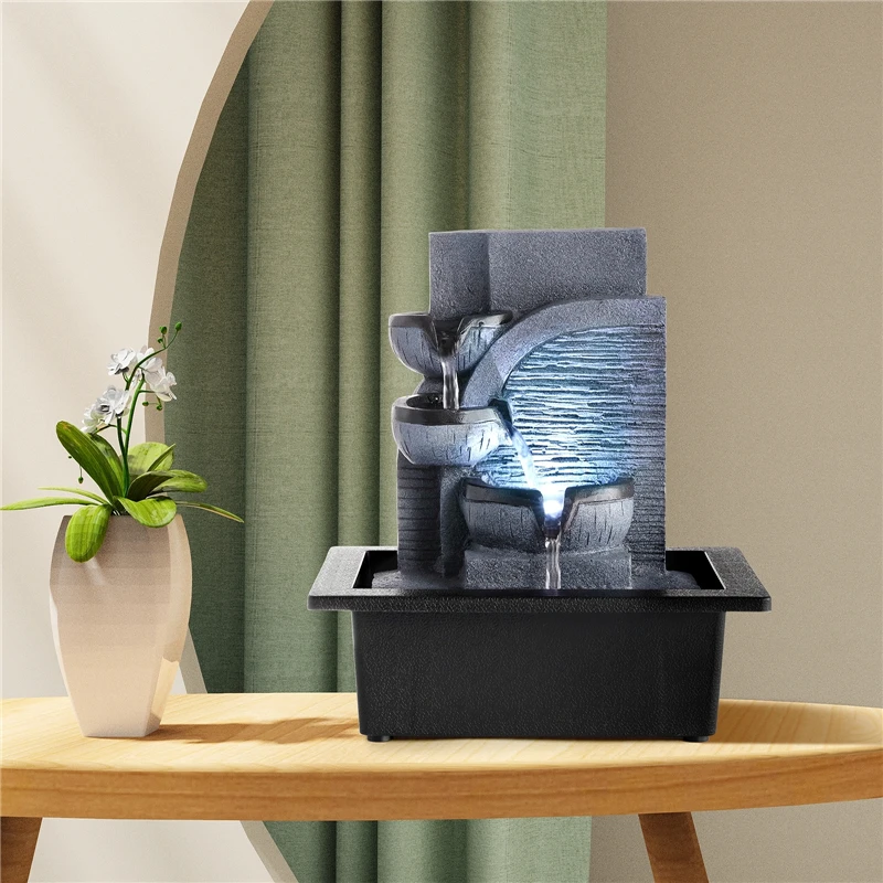 Desktop Flowing Water Waterfall Fountain with White LED Light for Company Office Wealth Feng Shui Tabletop Ornaments Home Decor