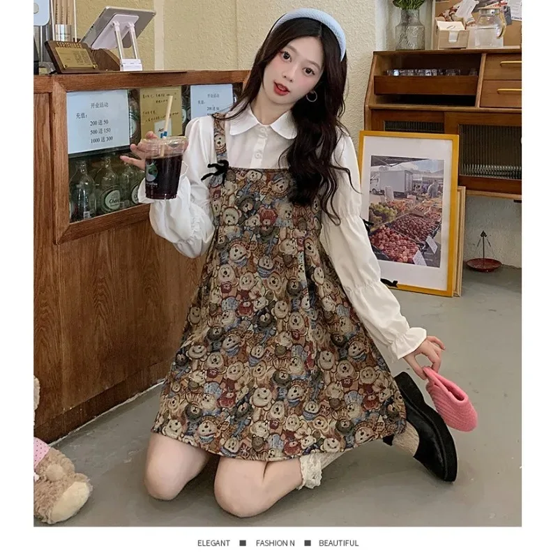 Summer Sweet Women Clothing Bow Long-sleeved Shirt Female Fashion Dress Fake 2pcs Bear Strap Mini Dress A-line Loose Y2k Dresses