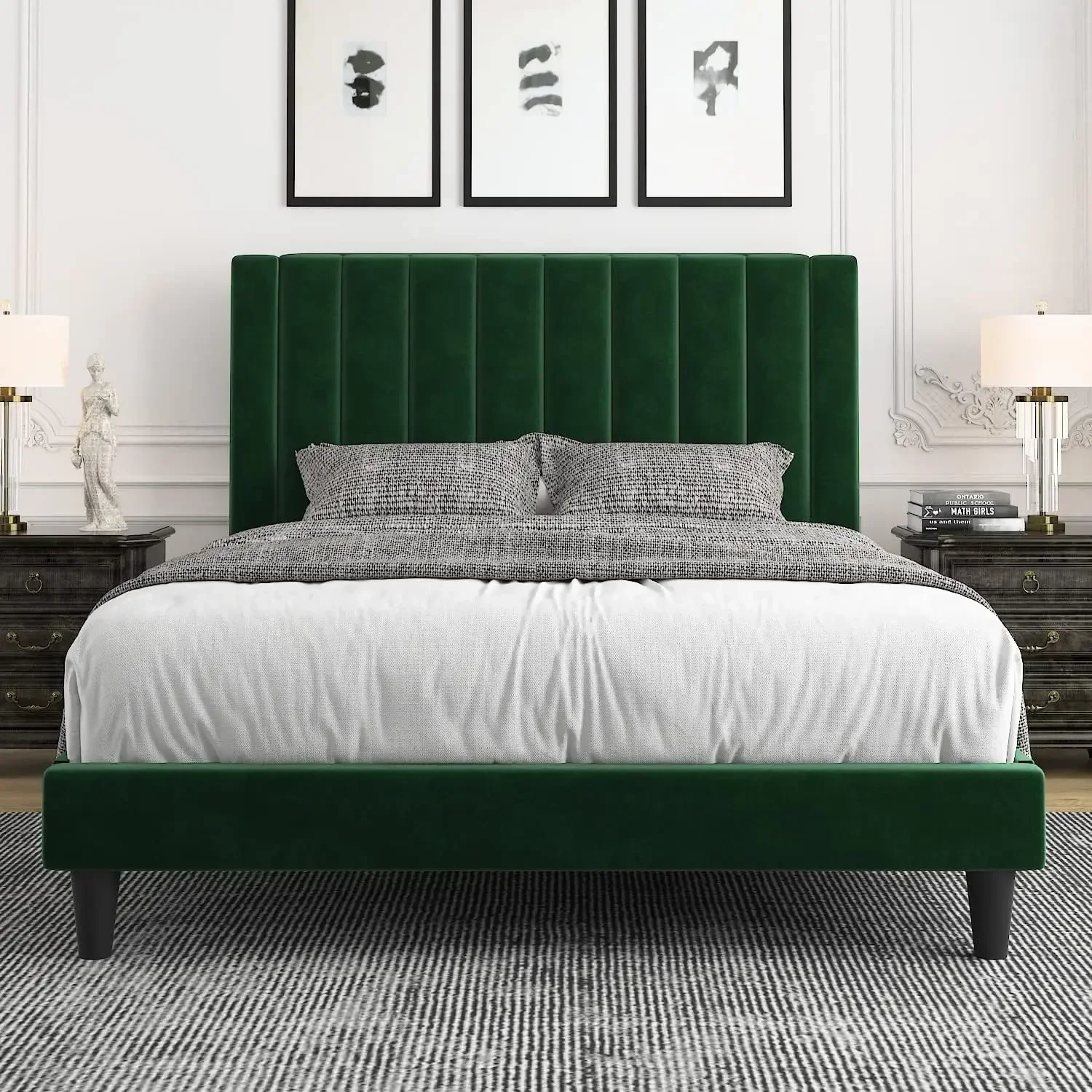 Allewie Twin Bed Frame/Velvet Upholstered Bed Frame with Vertical Channel Tufted Headboard/Strong Wooden Slats/Platform Bed