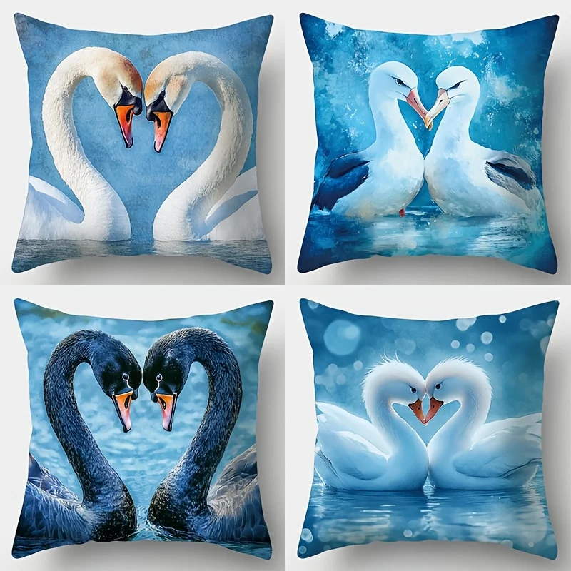 Heart Shape Swan Pillow Covers, White Black Swan Decorative Throw Pillow Cases, Romantic Love Home Decor for Sofa Bed, No Insert