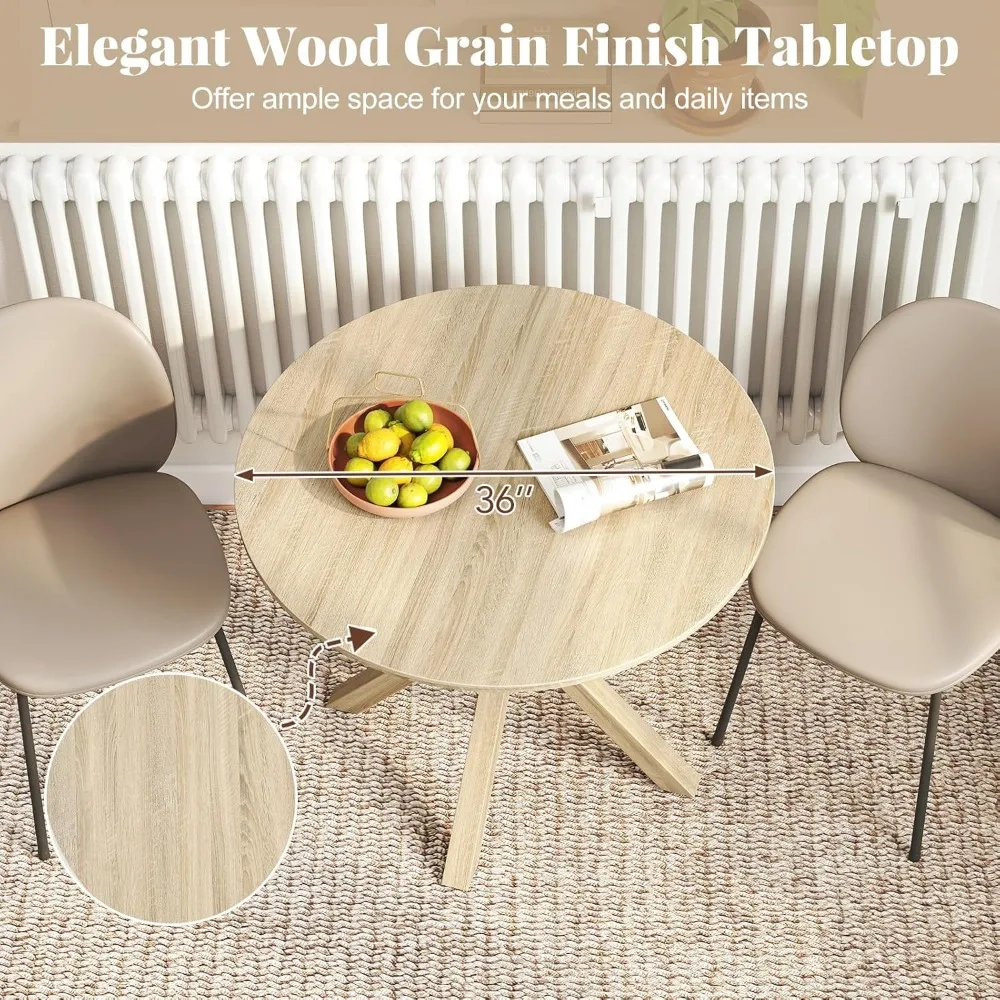 طاولة طعام مستديرة على طراز المزرعة العتيقة 36 لـ 4 أشخاص - طاولة مطبخ من الخشب المطاطي الريفي مع أرجل متقاطعة، مناسبة لـ Vi