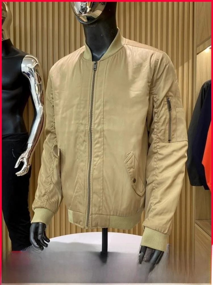

Faionable Casual Khaki Cotton Polyester Zipper Jaet Warm Youth ular Stand Fit Men's Baseball Sle Coat for Couples