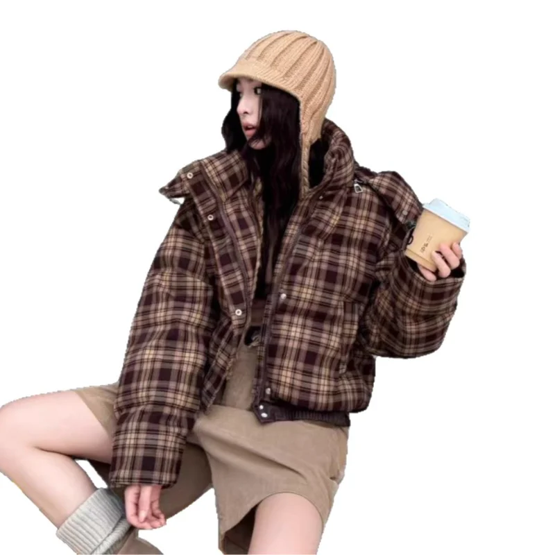 Doudoune courte à carreaux pour femme, manteau chaud et amincissant, à la mode, coupe ample, nouvelle collection hiver 2025