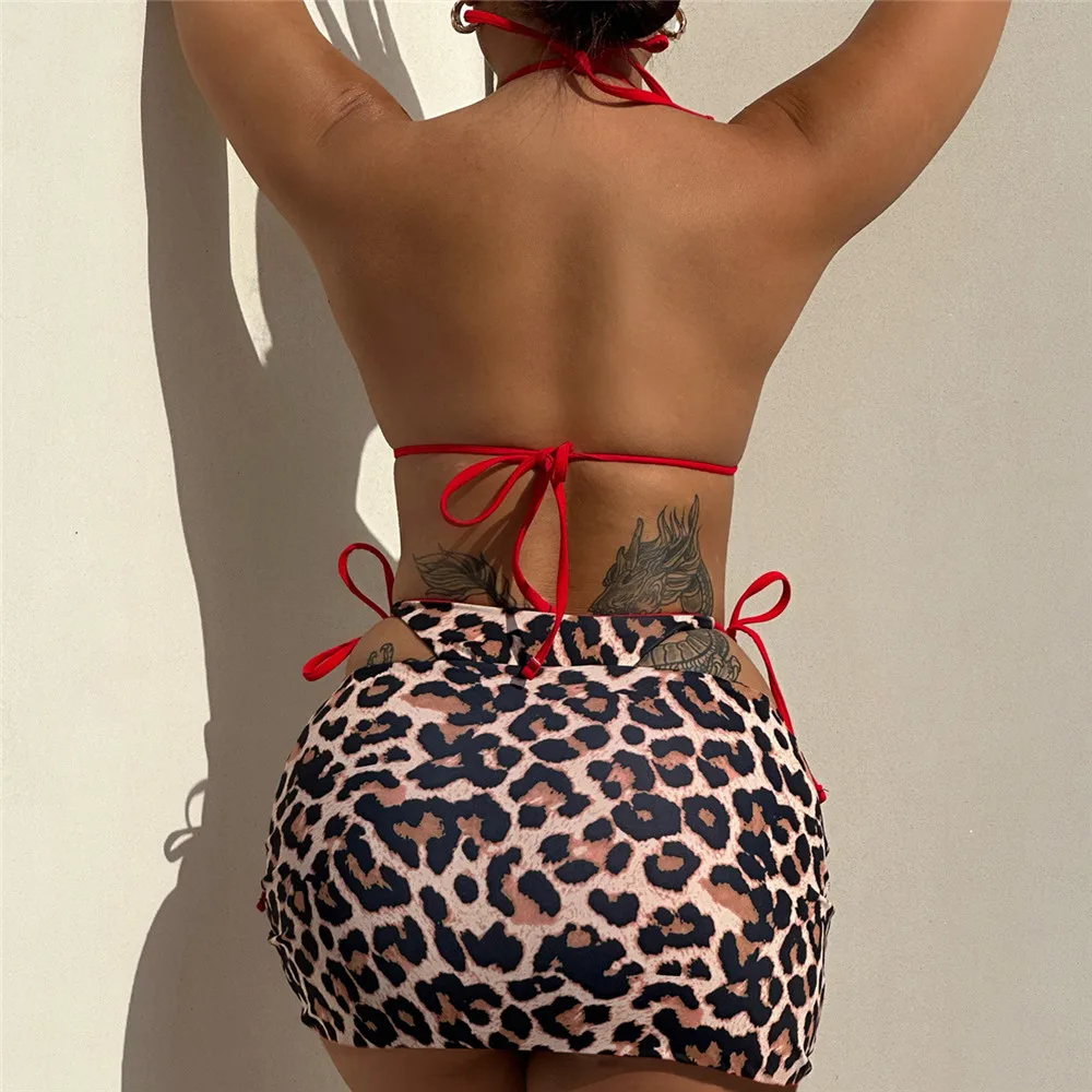 Bikini Set Sexy Leopard Print Swimsuits Cover Up Women Three Piece Swimwear Bathing Suit Halter Triangle Micro Thong Bikini