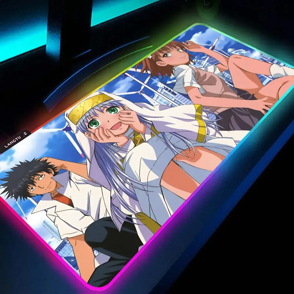 Anime A Certain Magical Index Mouse Pad RGB Large Gaming Mouse Pad Non-slip Rubber Base Keyboard Pad LED Mouse Pad