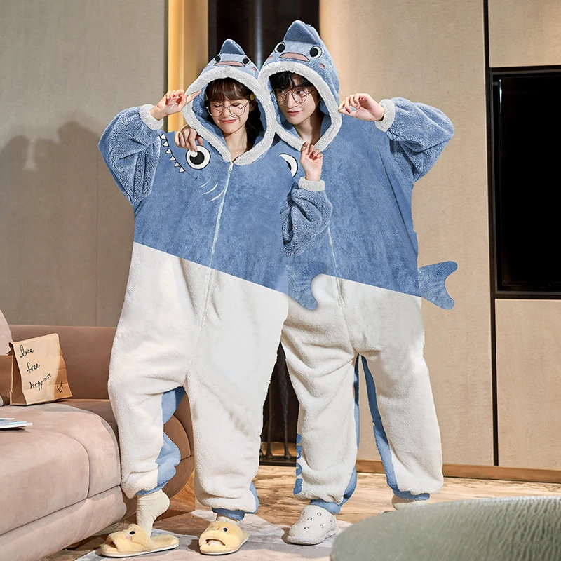 Kigurumis Shark Couples Sleepwear Women Men Onesie Cartoon Soft Plush One-Pieces Winter Thicken Homewear Pajamas Lovers Unisex