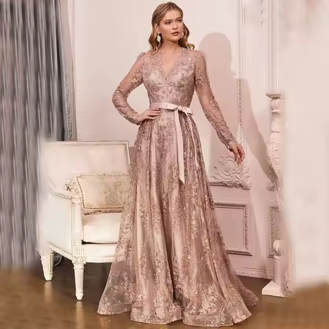 Elegant Evening Dresses 2026 Luxury Long Sleeve Customized Evening Prom Party Elegant and Chic Woman Dress Robes De Cocktail