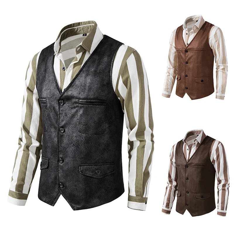 Euro-american V-neck Suede Single Breasted Coat Vest Gilet Men Suits for Wedding 2023 Men\'s Denim Vest Full Men\'s Suit Steampunk