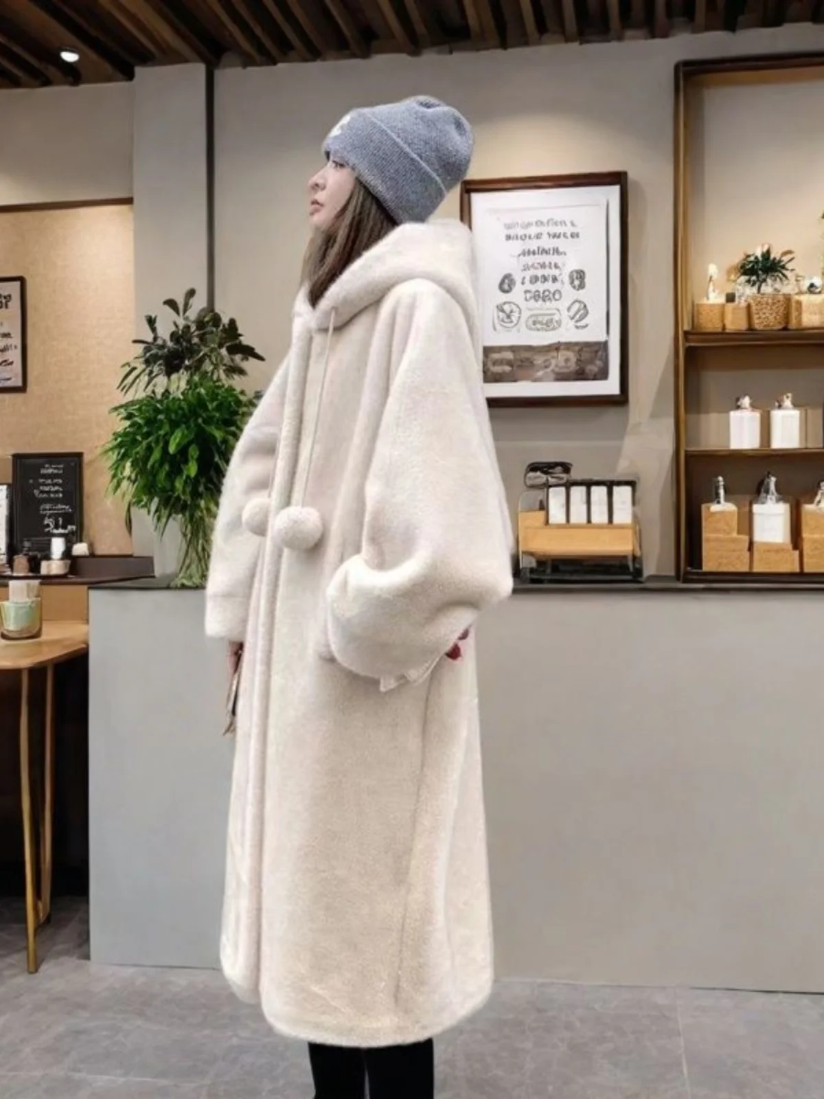 Thiened Long Witch Sle Coat Herbst Winter Hut Inteated Kunstfell Umweltfreundliche Oberbekleidung Damen Street Sle Mid-L...