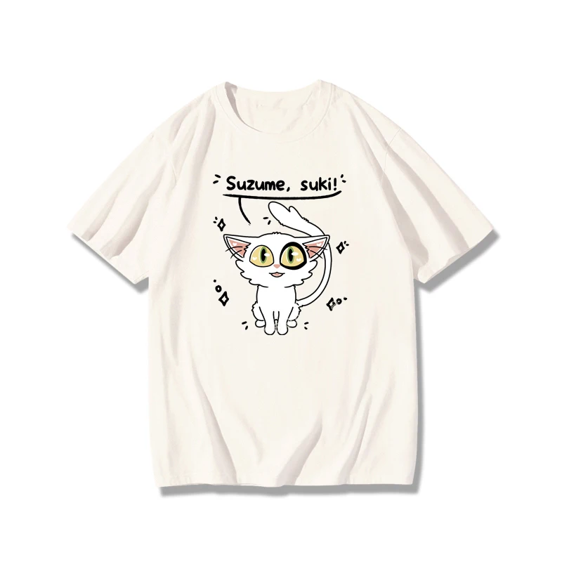 Suzume No Tojimari Daijin White Cat Tshirt Women Men Lovely Animal Suki Tshirts 100%Cotton Pink Harajuku Kawaii Style Shirt Tops