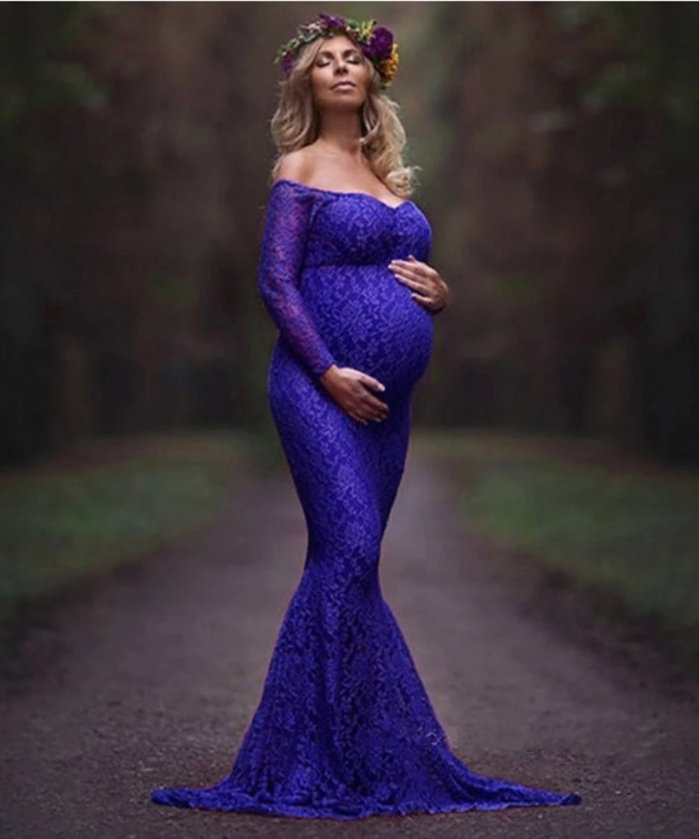 Maternity Wear Vintage High Waist Lace Maternity Slot-neck Dress Slim Photography Long Sleeve Dress Cake Dress