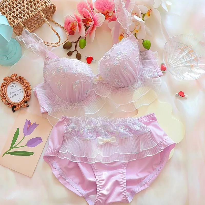 

Korea Sweet Girl Sexy Lace Bra Set Plus Size Japan Kawaii Lolita Violet Embroidery Underwear Suit Cup 32 34 36 38 40 A B C D E