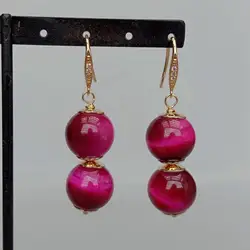 Y·YING Natural Tiger Eye Drop Earrings Fuchsia Color For Women Earring