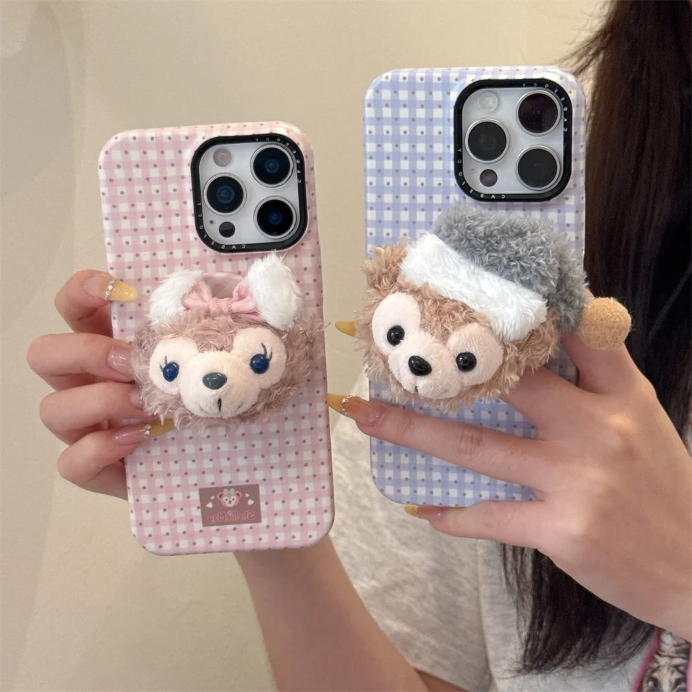 

Cute plush bear magnetic stand phone case for iPhone 13 14 15 16 Pro Max stylish plaid Polka dots with holder protective cover