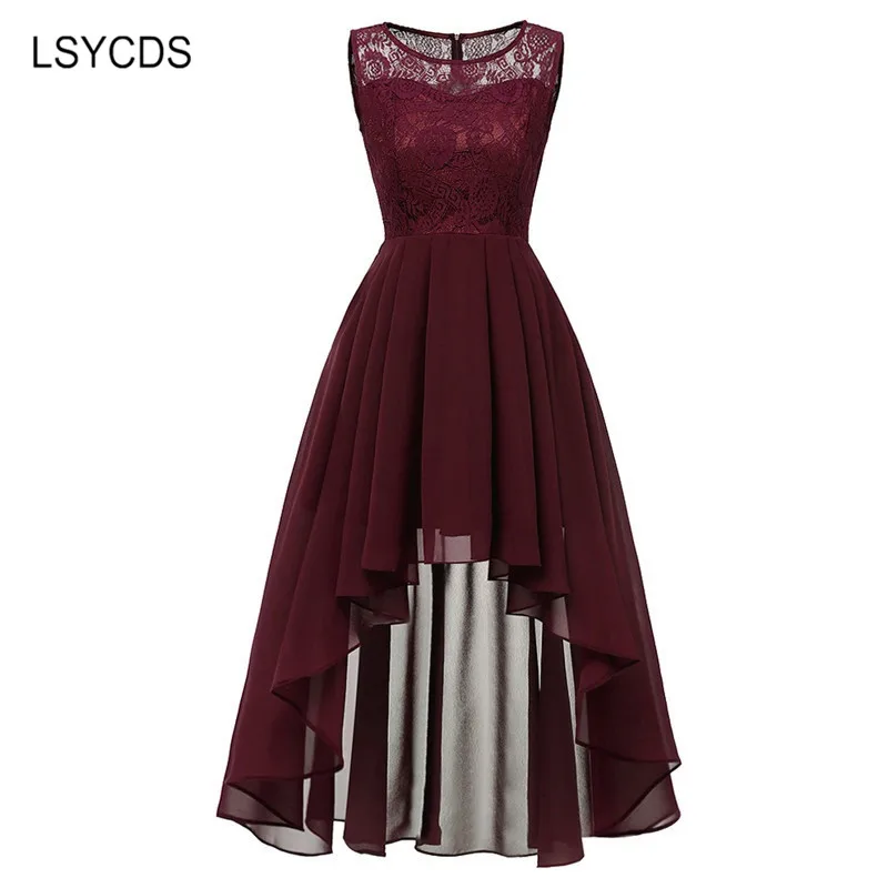 LSYCDS Elegant Lace Dress Contrast Lace Chiffon Long Dress Maxi Dress Women O-Neck Sleeveless High Low Hem Party Vintage Dresses