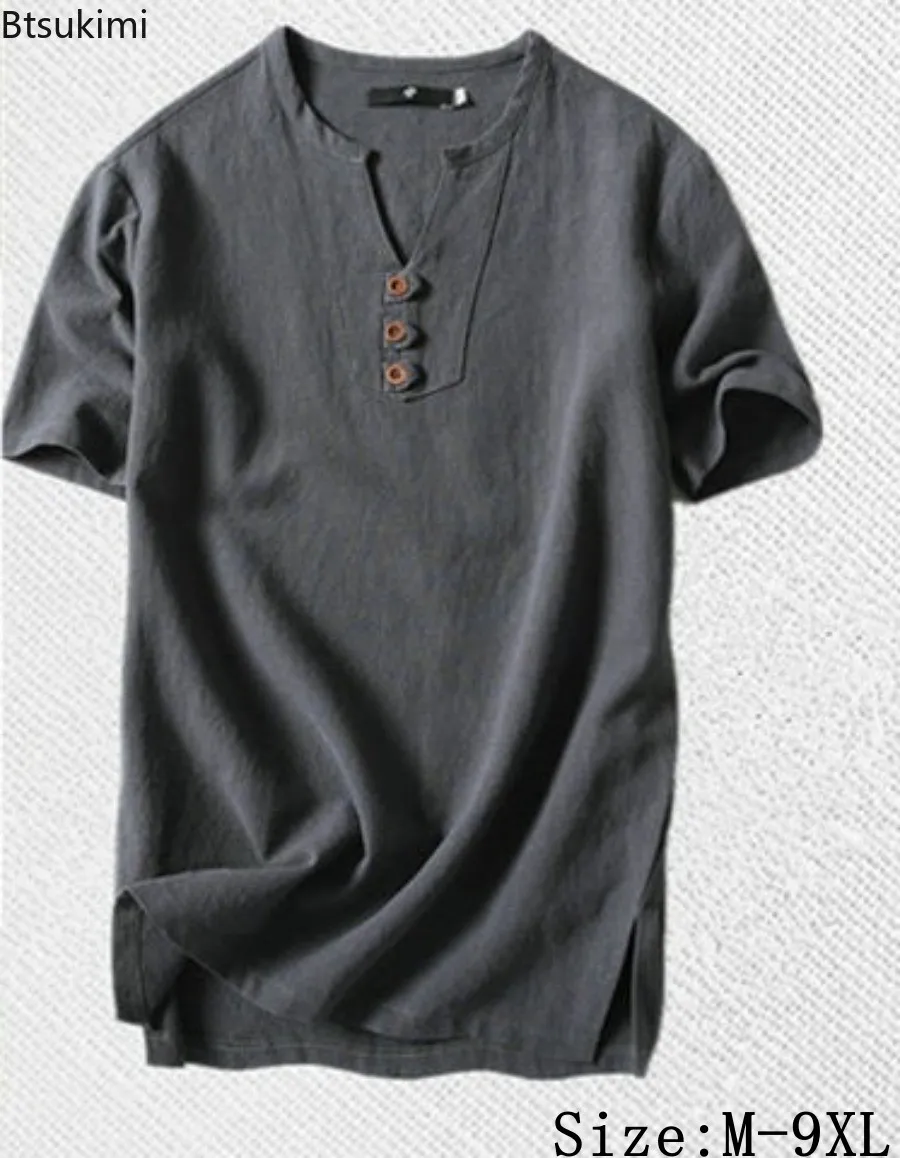 

Plus Size 9XL Men's Cotton Linen T-shirts Summer Solid Short Sleeve Loose Casual Pullover Tops Chinese Style Men Clothing Tees
