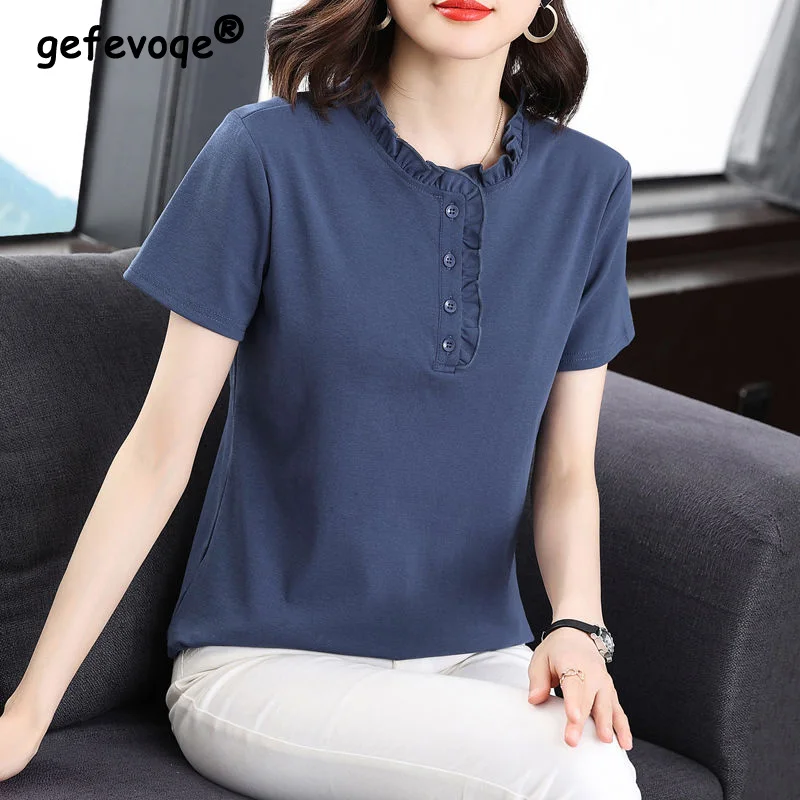 

Wood Ear Edge Short Sleeve Pullover T-shirt Women's Clothing 2023 Summer Round Neck Solid Color Splicing Button Loose Tops