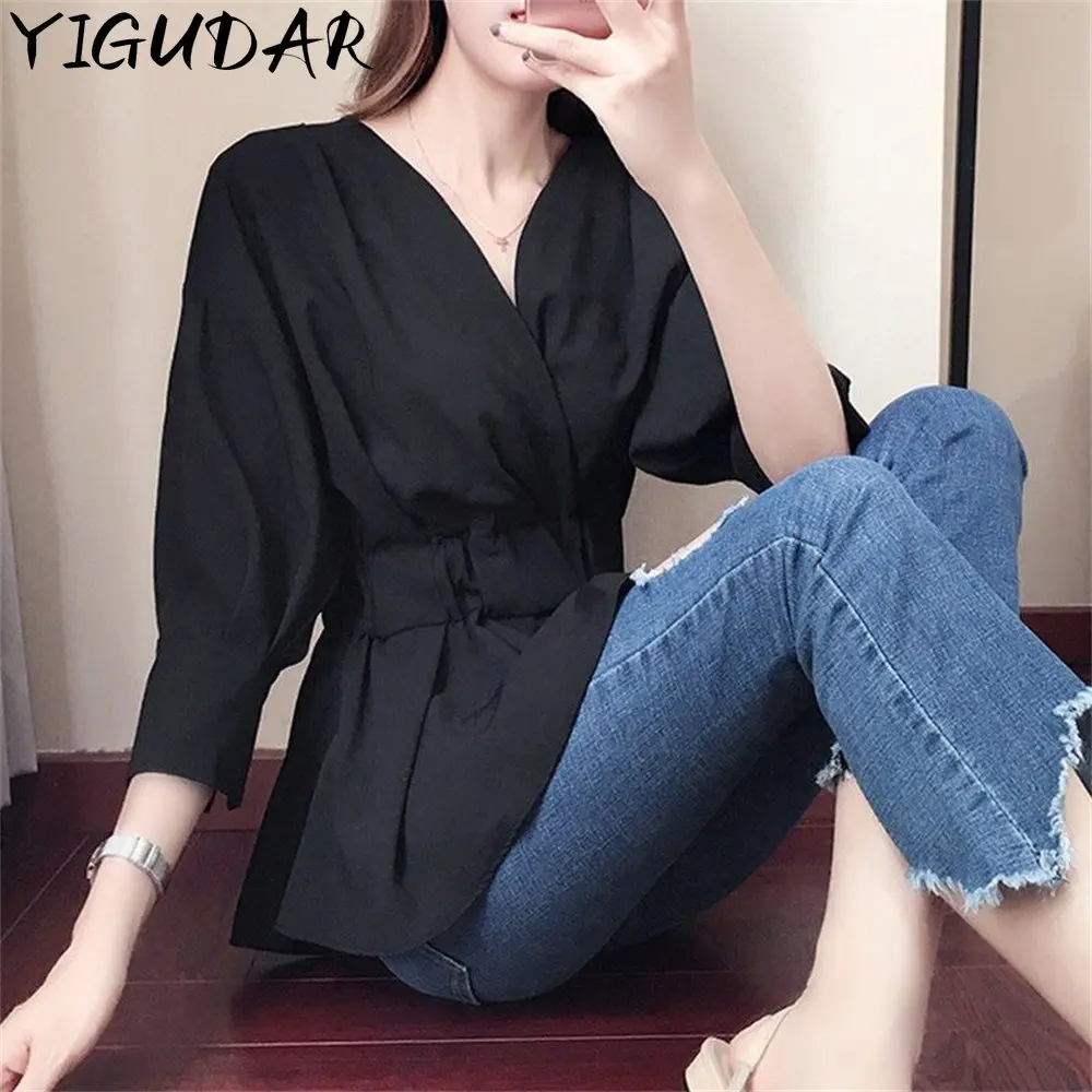 

Женская шифоновая рубашка с длинным рукавом, Элегантная черная блузка с V-образным вырезом и бантом, офисный женский корейский мягкий топ с кулиской, осень 2023