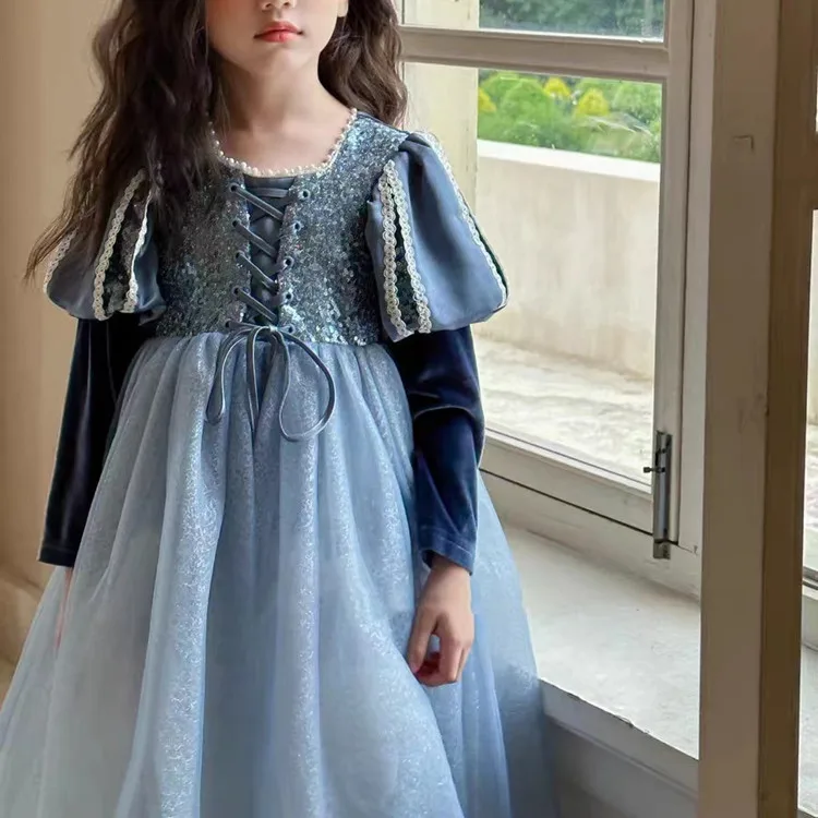 Girls Plush Dress 2023 Autumn and Winter New Western Style Children Trendy Birthday  Little Girl Princess Dress