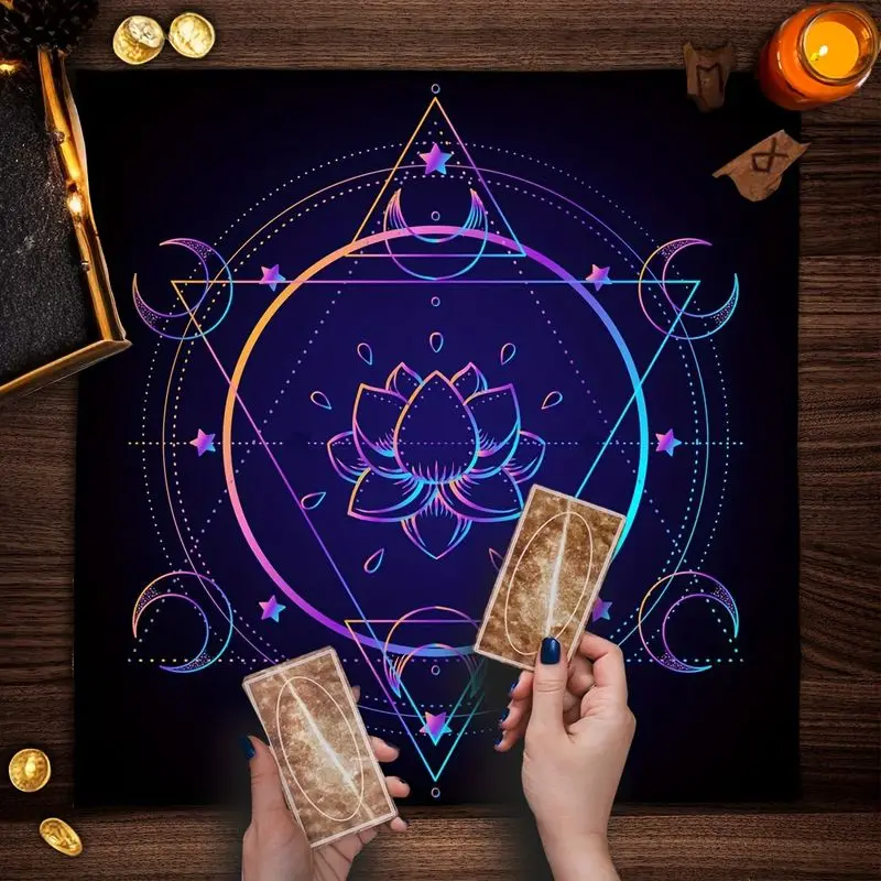VIKAMA Neon Gradient Lotus Hexagram Star Tarot Tablecloth Mysterious Divination Altar Cloth Ritual Table Mat Background Cloth