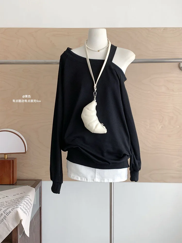 Autumn Winter Women Solid Slim Pullovers Sexy Loose Off Shoulder Design Straight Tops Korean Slash Neck Hoodies 2000s Aesthetic