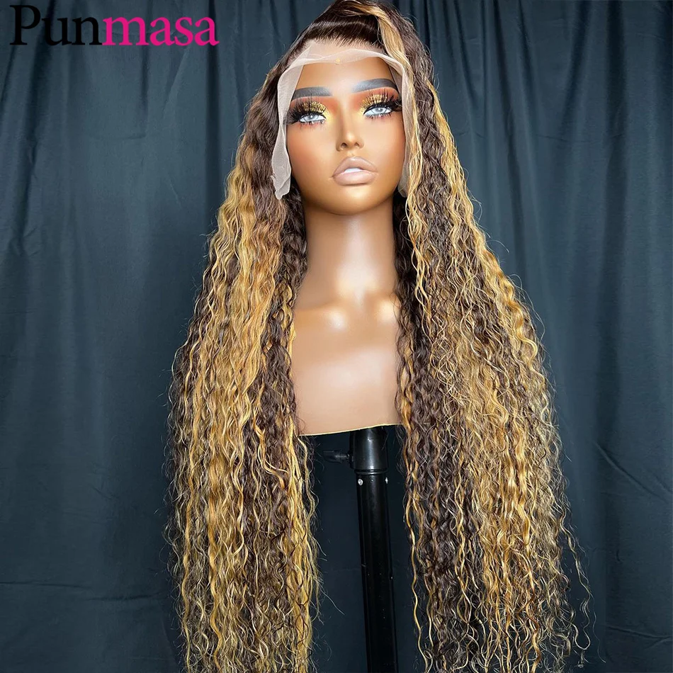 Perruque Lace Front Wig sans colle naturelle, cheveux crépus bouclés, blond miel, brun, 13x6, à reflets, pour femmes