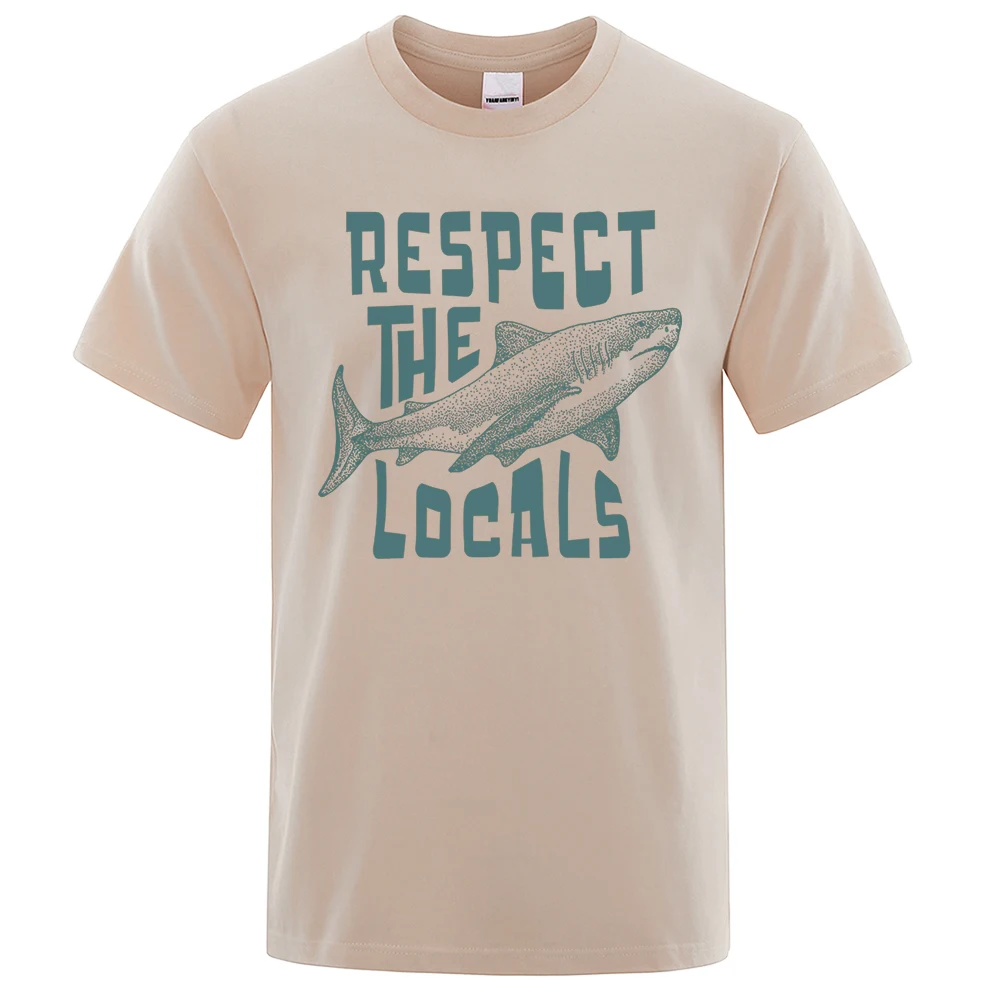 Respect The Locals Shark Personality Print Men T-Shirts Cotton Oversized Short Sleeve Shirt Loose T-Shirt Breathable Casual Tops