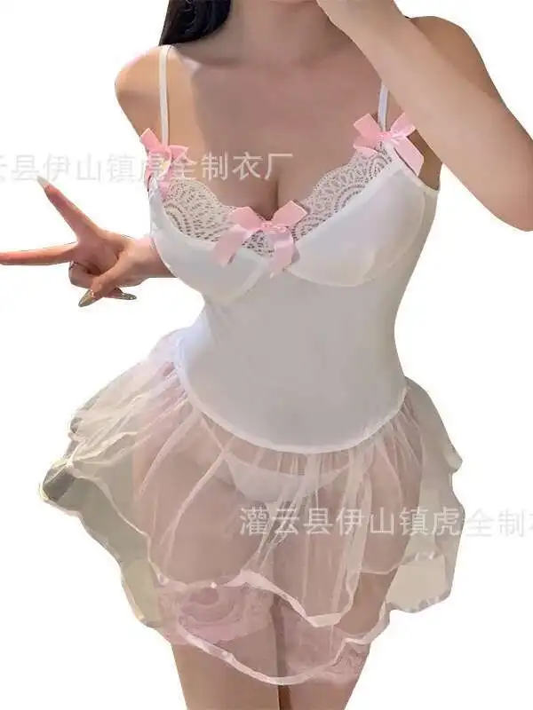 انظر من خلال فستان الدانتيل الأبيض المرأة مثير الملابس الداخلية المثيرة موحدة تأثيري ملابس الوردي القوس الحلو مريحة حمالة لطيف 5SF6 #5