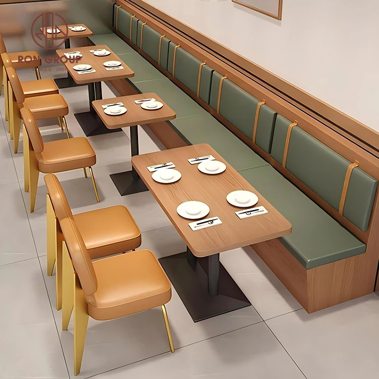 

Modern Restaurant Furniture Set Brown Leather Chairs with Yellow Metal Legs and Wood Rectangular Coffee Shop Table for Cafe